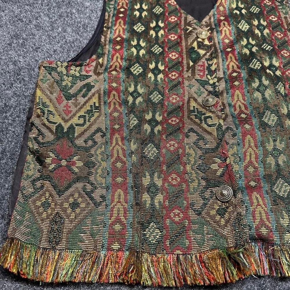 Vintage Implements Tapestry Vest Medium Multi Kilim Boho Fringe Whimsygoth - Picture 2 of 5
